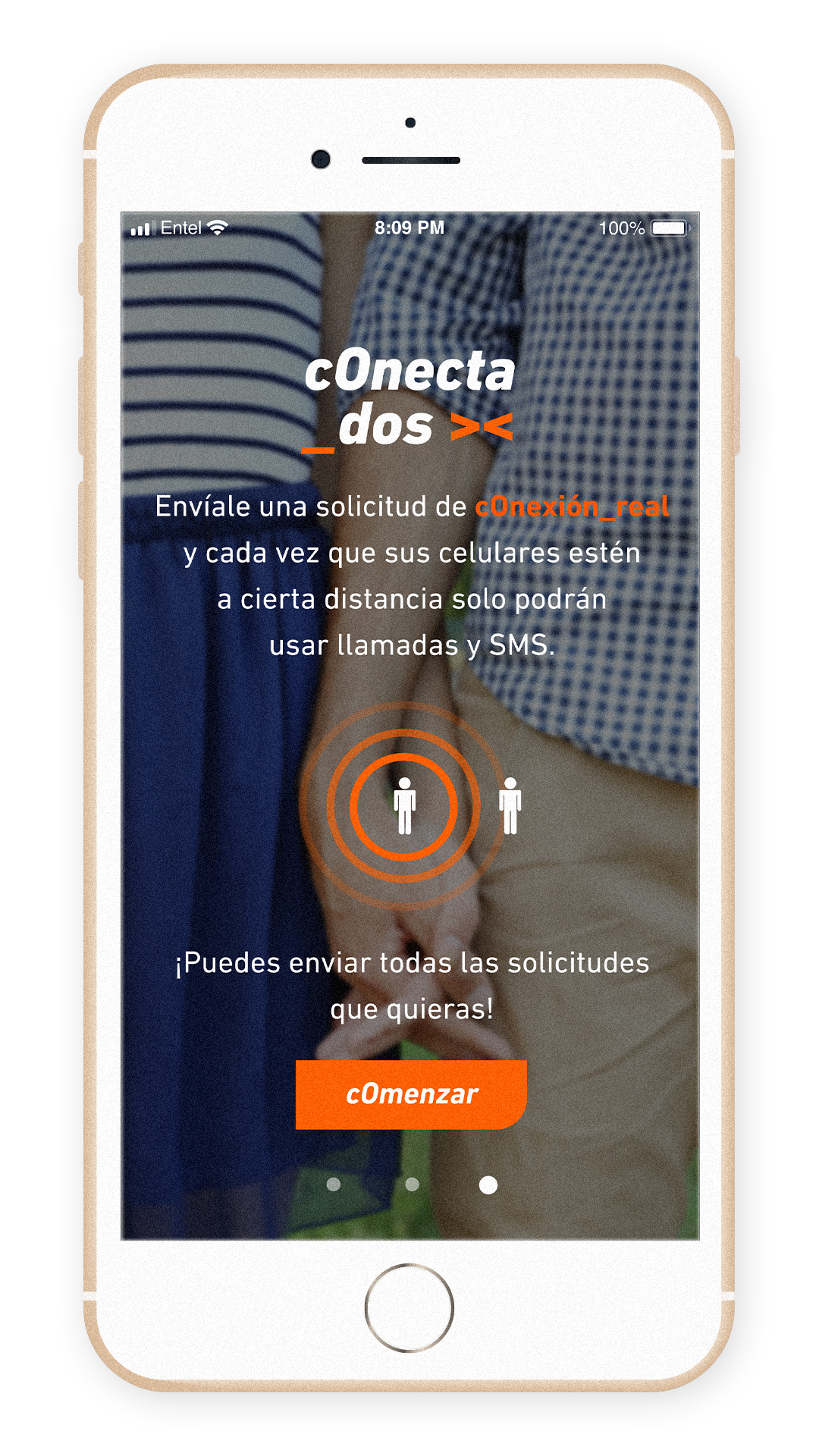 Conectados - Start 3 Phone mockup with the start screen.
