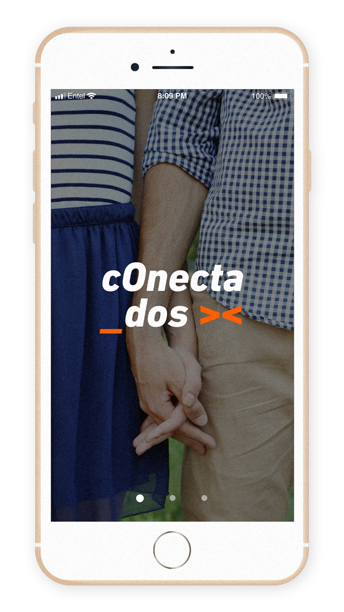Conectados - Start 1 Phone mockup with the start screen.