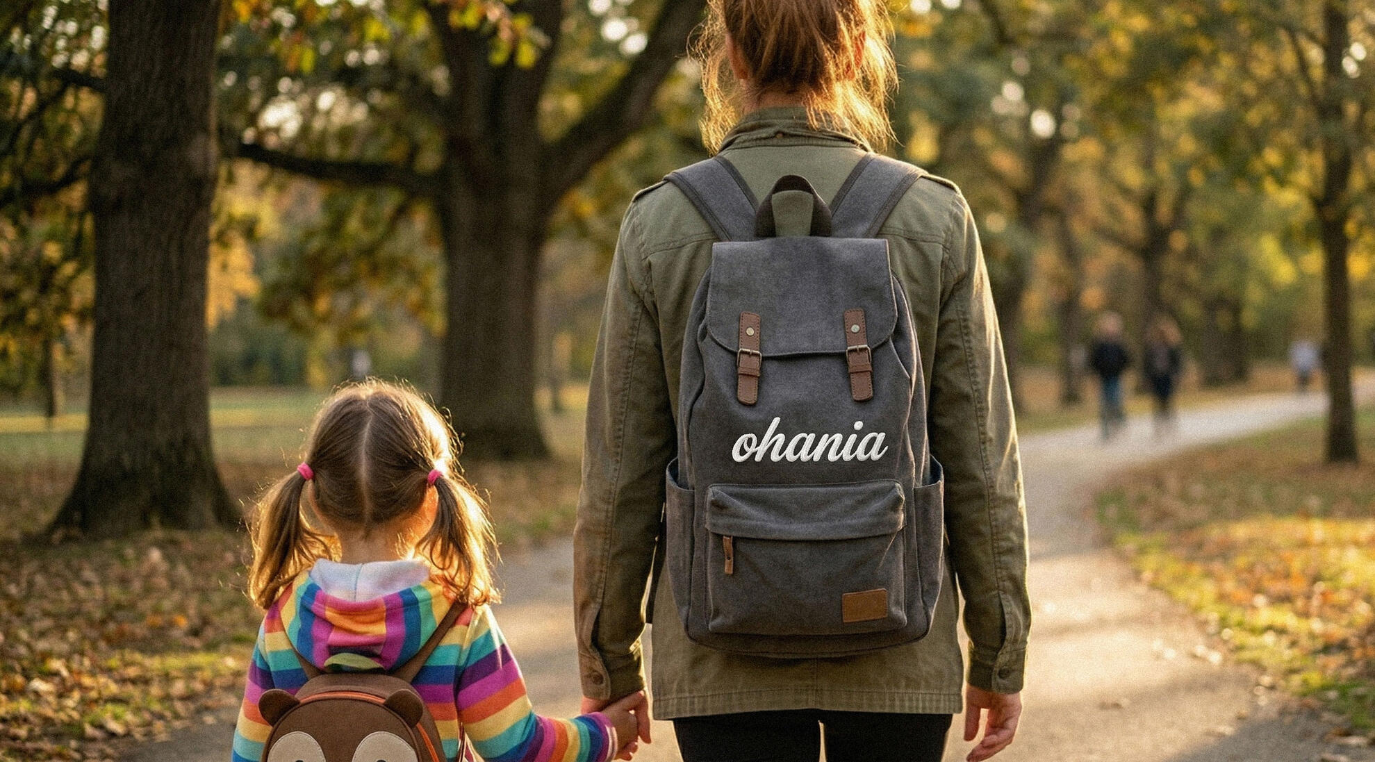 Ohania SM4 Mother and son walking wearing Ohania backpacks.